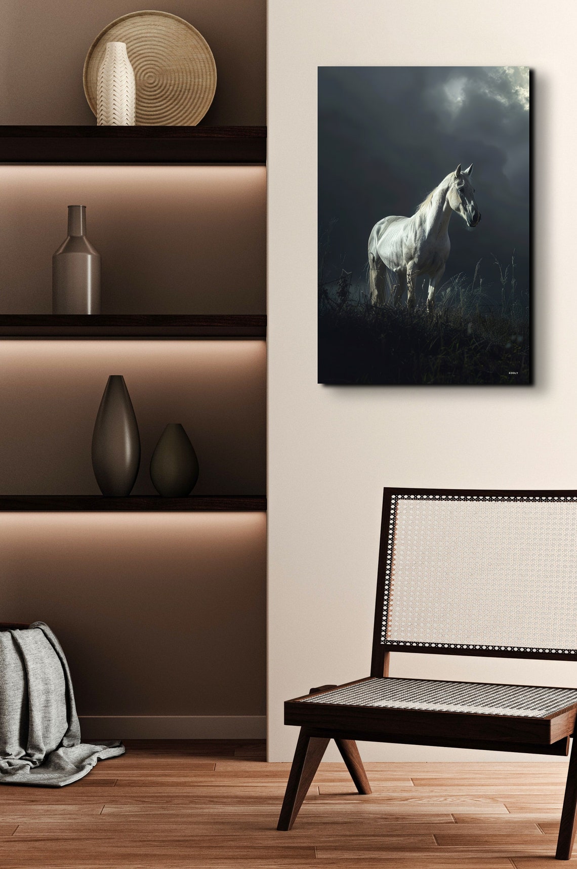 White Horse Standing In Dark Stormy Field Dramatic Equine Poster - Image 5