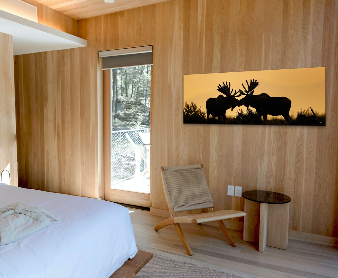 Two Moose Silhouettes at Golden Sunset Wilderness Panorama Wall Art - Image 6