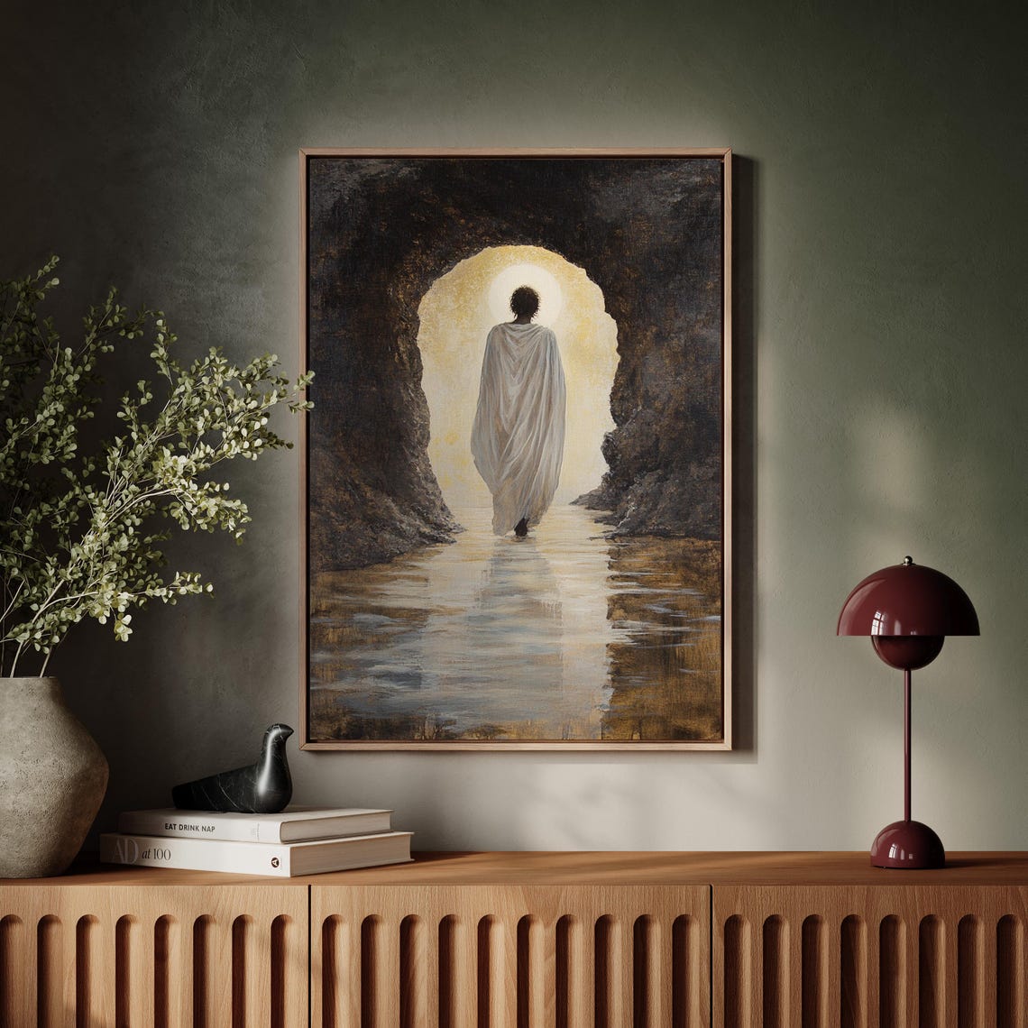 Robed Figure Walking Toward Glowing Light in Stone Archway Poster - Image 3