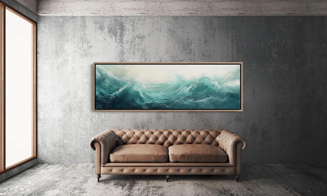 Turbulent Teal Ocean Wave Crashing Sea Foam Panoramic Coastal Print