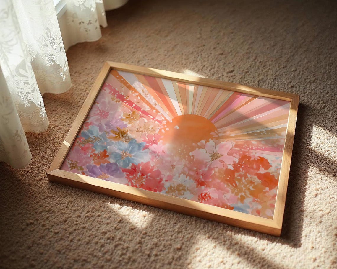 Sunrise Floral Watercolor Pink Peach Sunburst Colorful Flower Poster