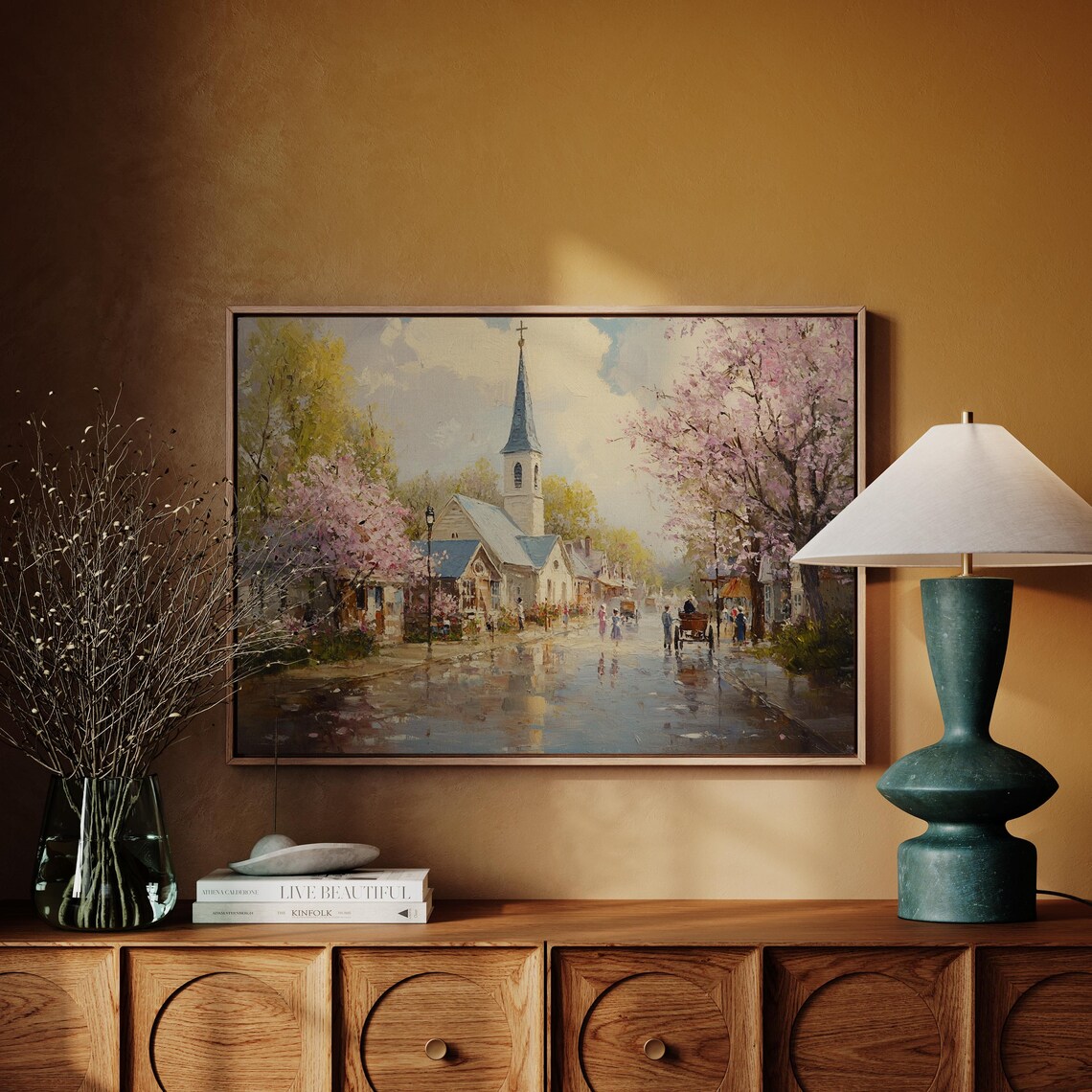 Charming Village Church Horse-Drawn Carriage Springtime Scene - Image 5