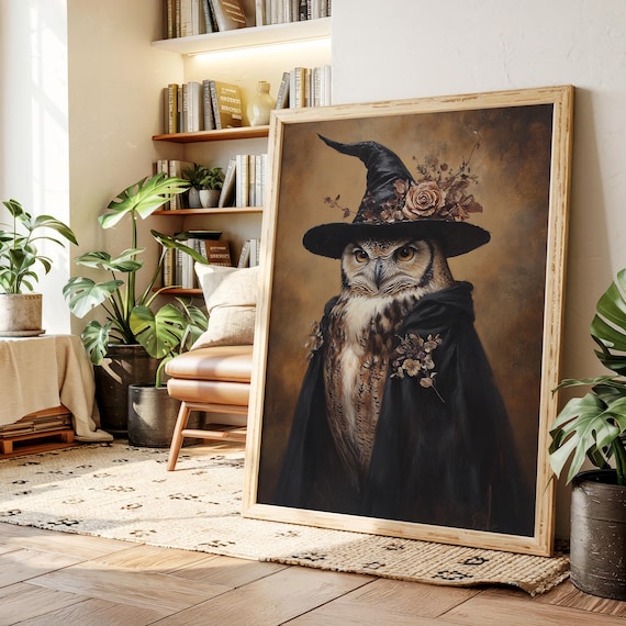 Witch Great Horned Owl With Rose Hat And Dark Cloak Vintage Poster