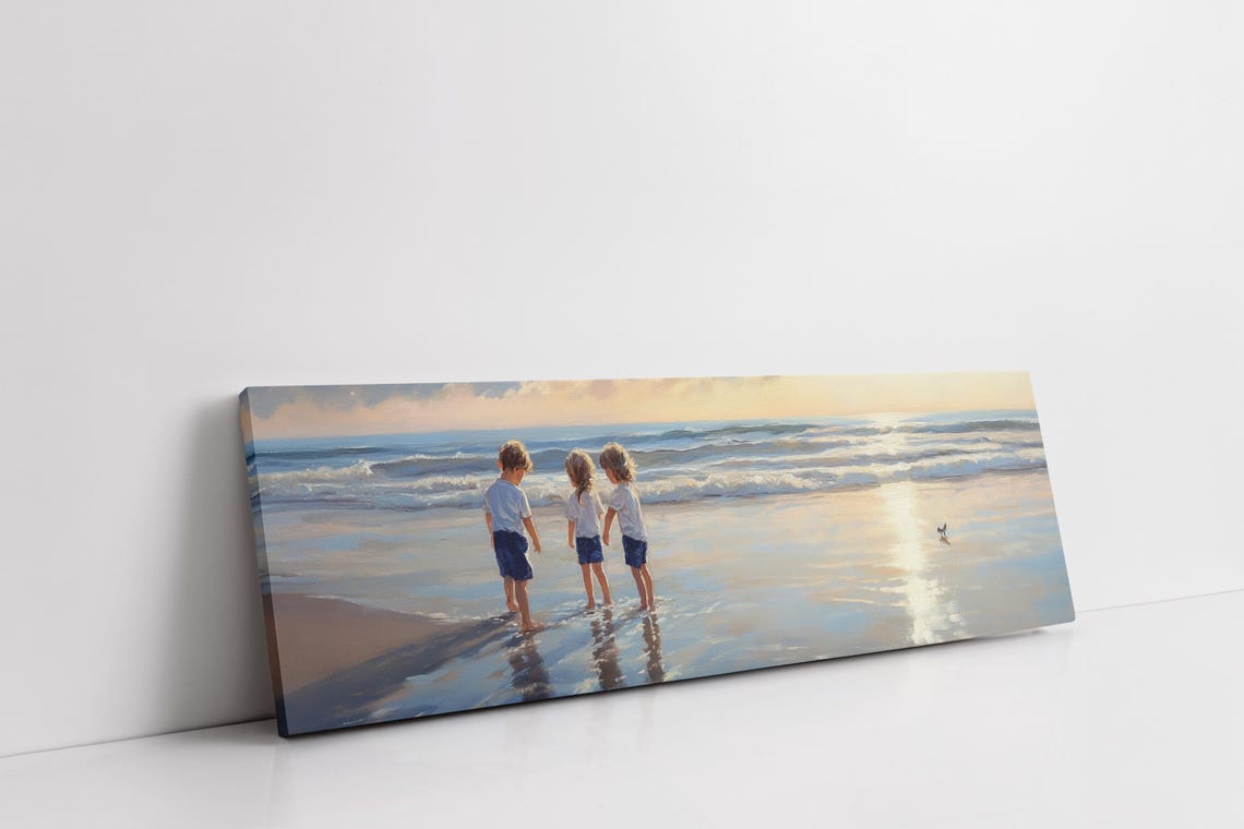 Children Playing At Sunset Beach Shore Golden Reflection Art Poster - Image 3