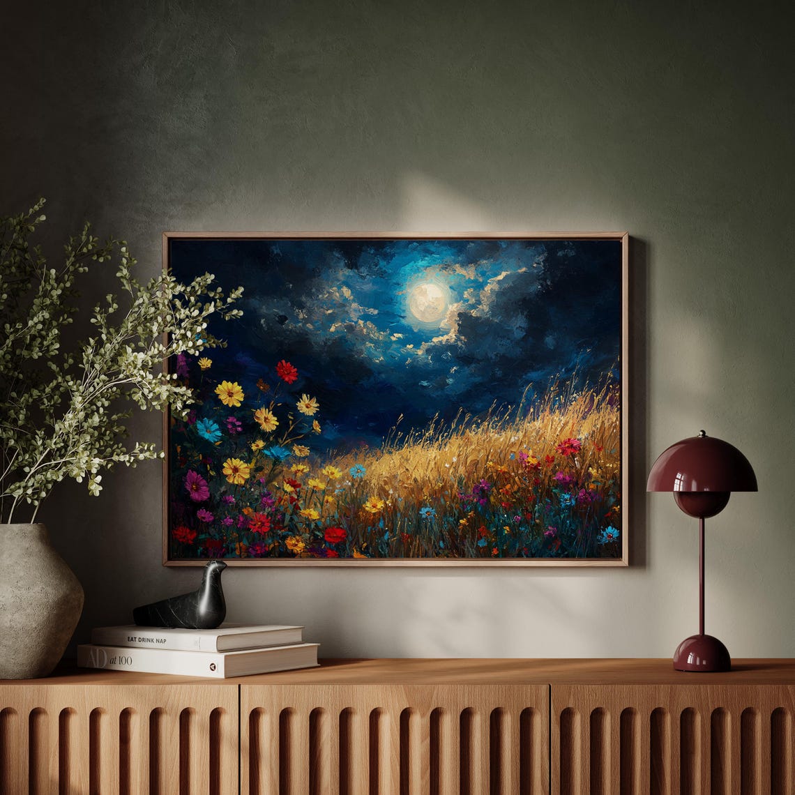 Moonlit Wildflower Meadow Night Sky Full Moon Colorful Oil Poster - Image 5