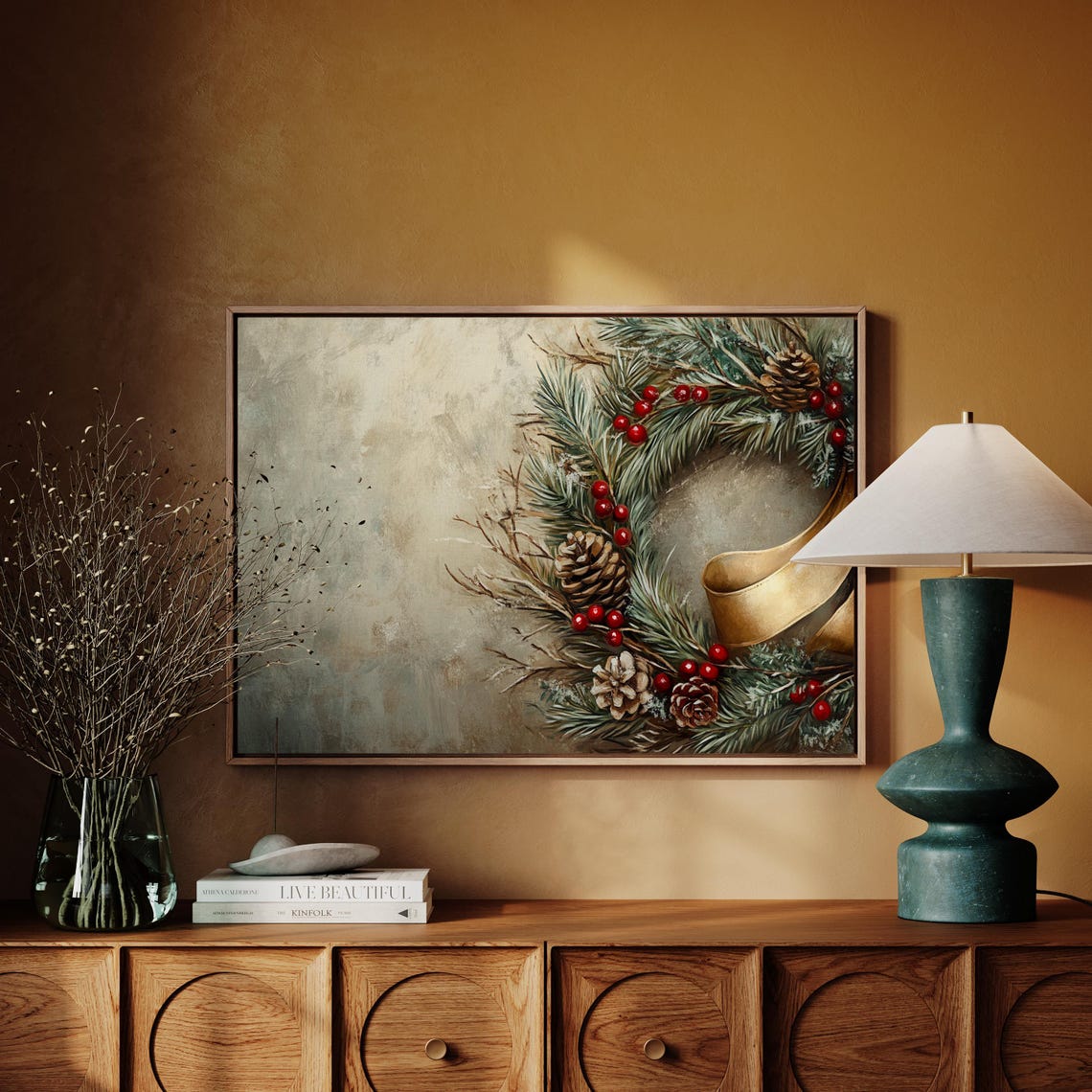 Evergreen Pine Wreath With Gold Ribbon Berries Christmas Wall Poster - Image 3