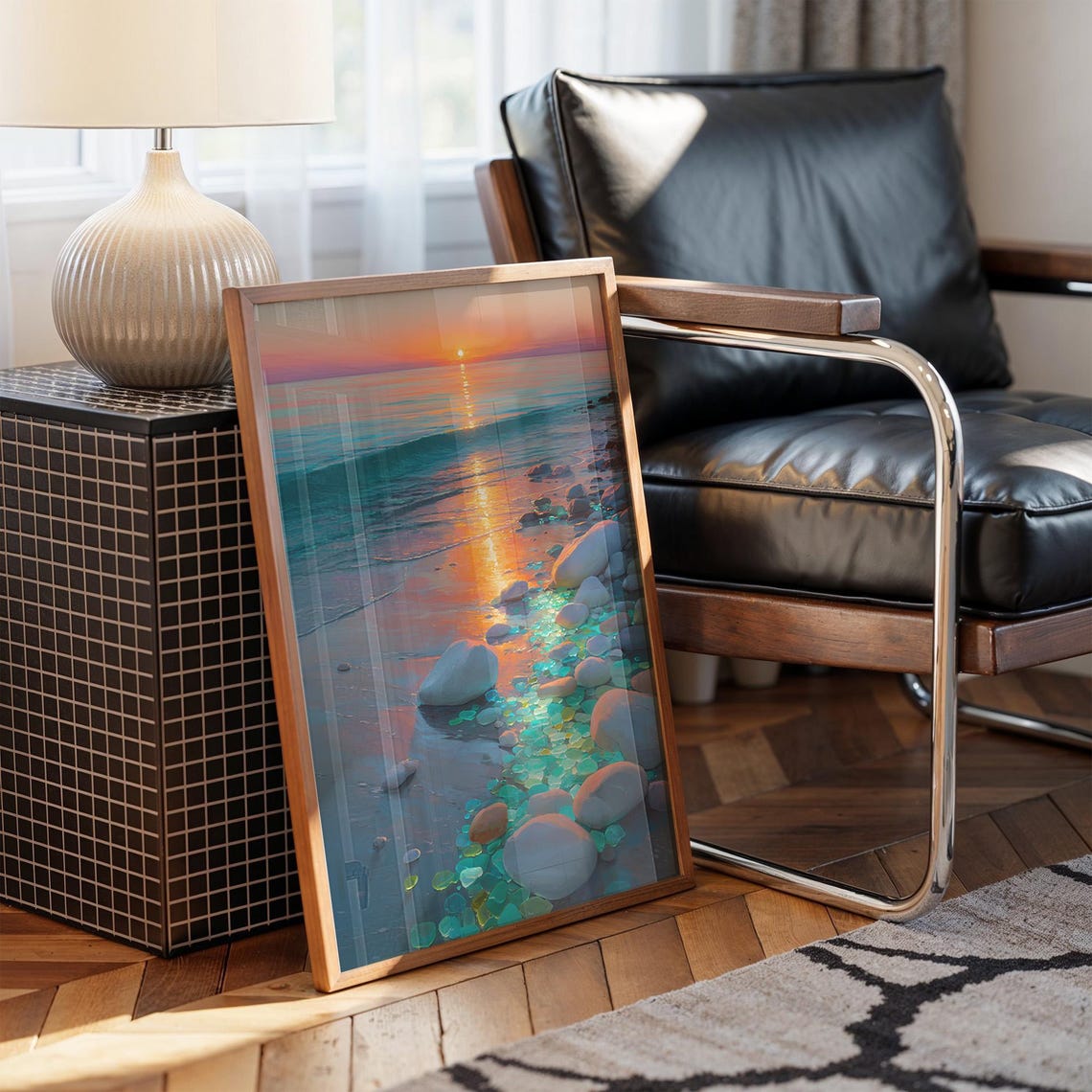 Sunlit Sea Glass Shoreline Sunset Ocean Beach Stones Art Poster