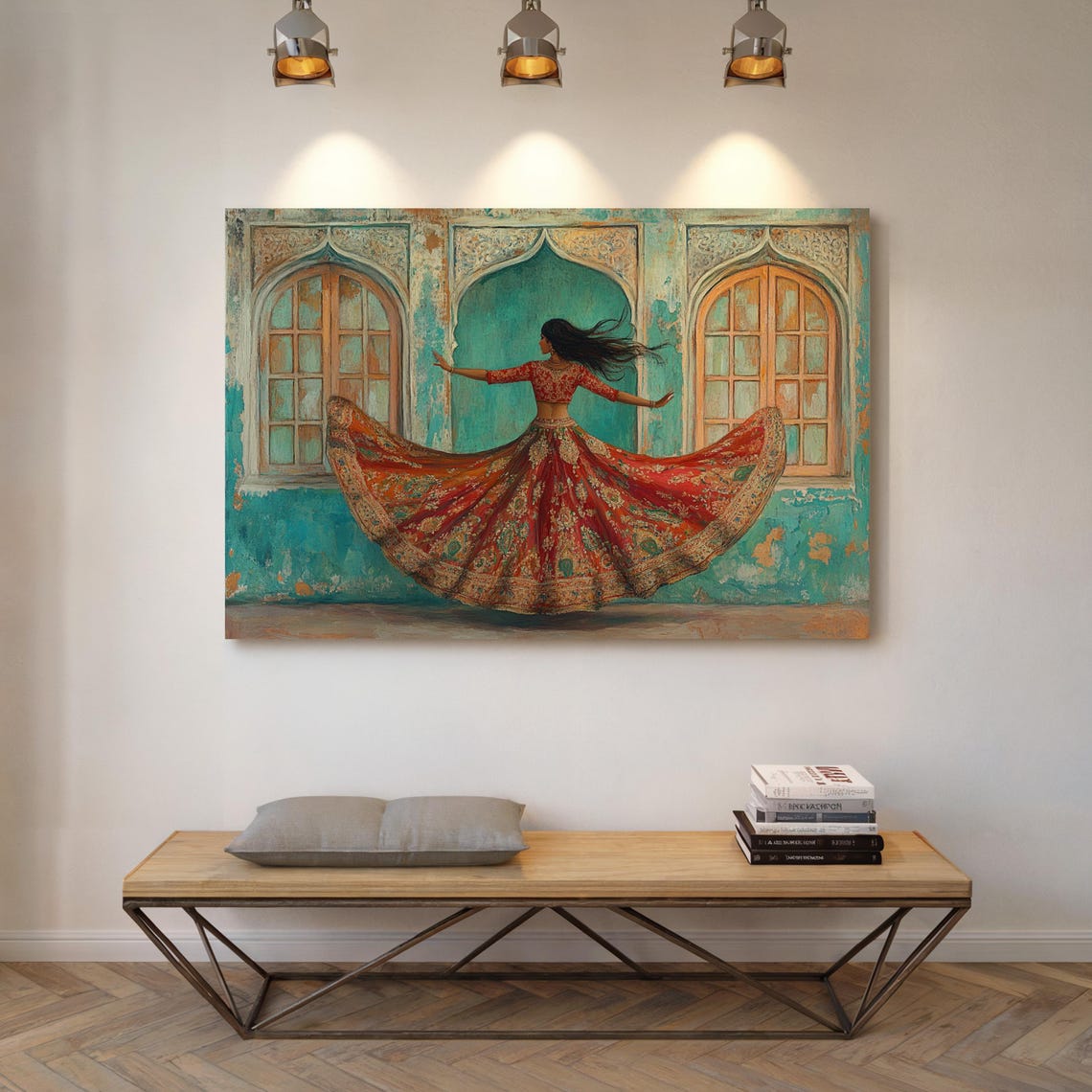 Indian Dancer Red Lehenga Twirl Turquoise Palace Backdrop Poster - Image 4