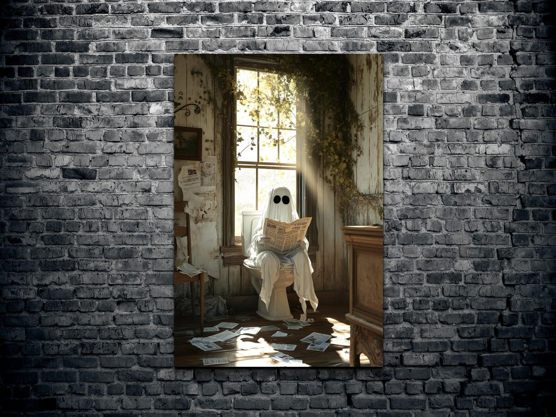 Cute Sheet Ghost Reading the Newspaper on a Toilet Halloween Poster - Image 2