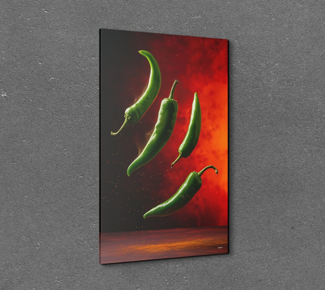 Flying Green Chili Peppers Against a Fiery Red Background Wall Art - Image 5