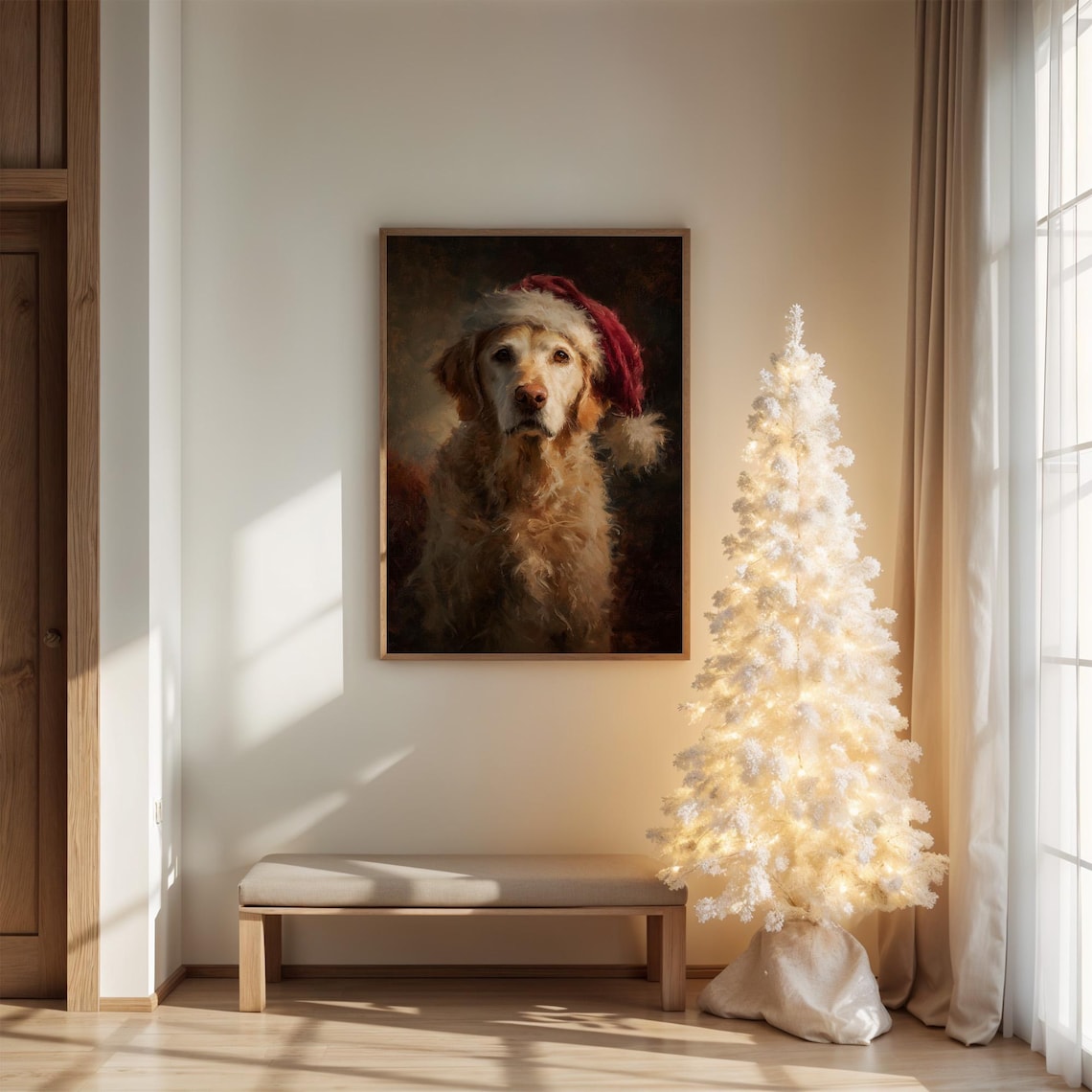 Golden Retriever In Santa Hat Christmas Art Print