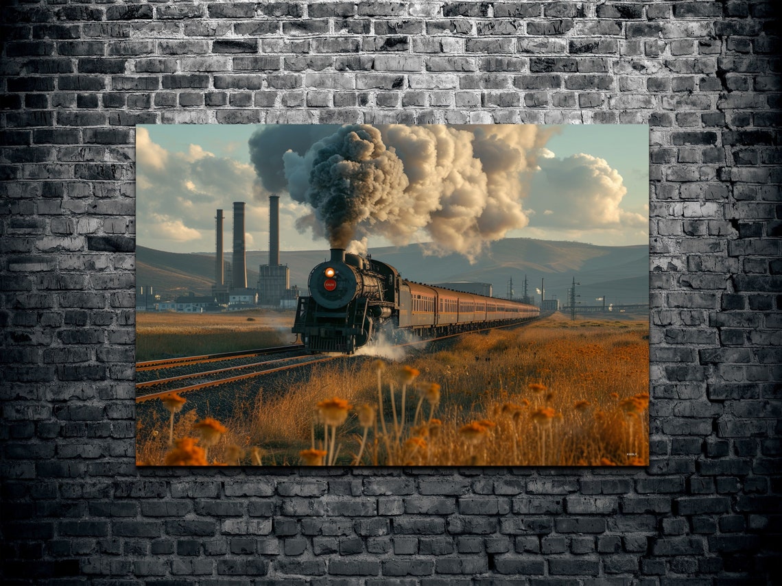 Steam Locomotive Front View Dark Smoke Golden Field Train Poster - Image 2