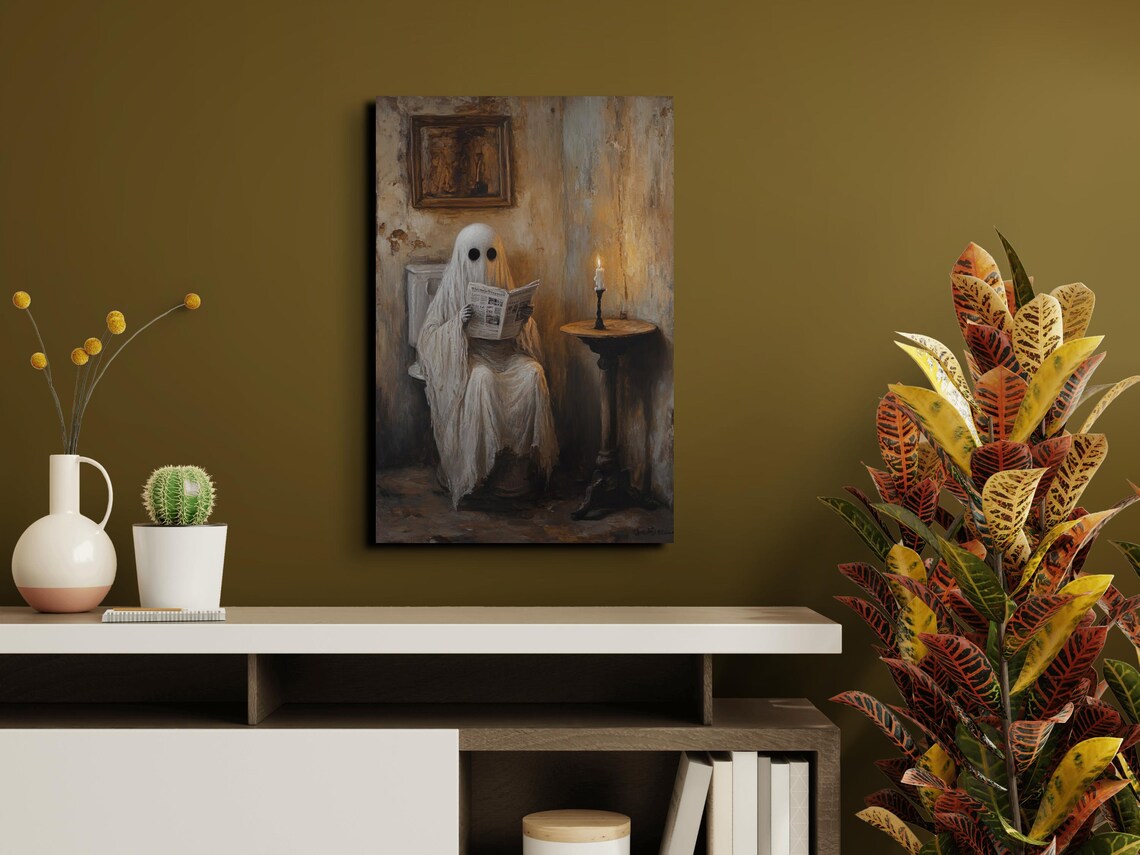 Cute Ghost on Toilet Reading Paper in a Candlelit Vintage Bathroom Poster - Image 7