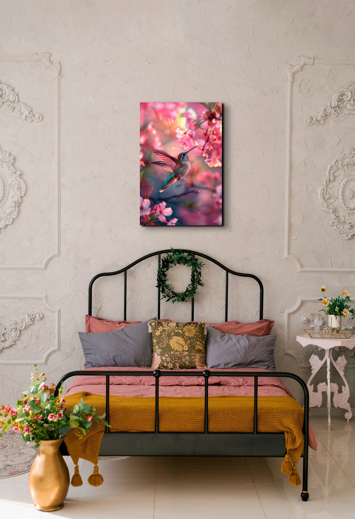 Colorful Hummingbird Hovering Among Pink Cherry Blossoms Poster - Image 3