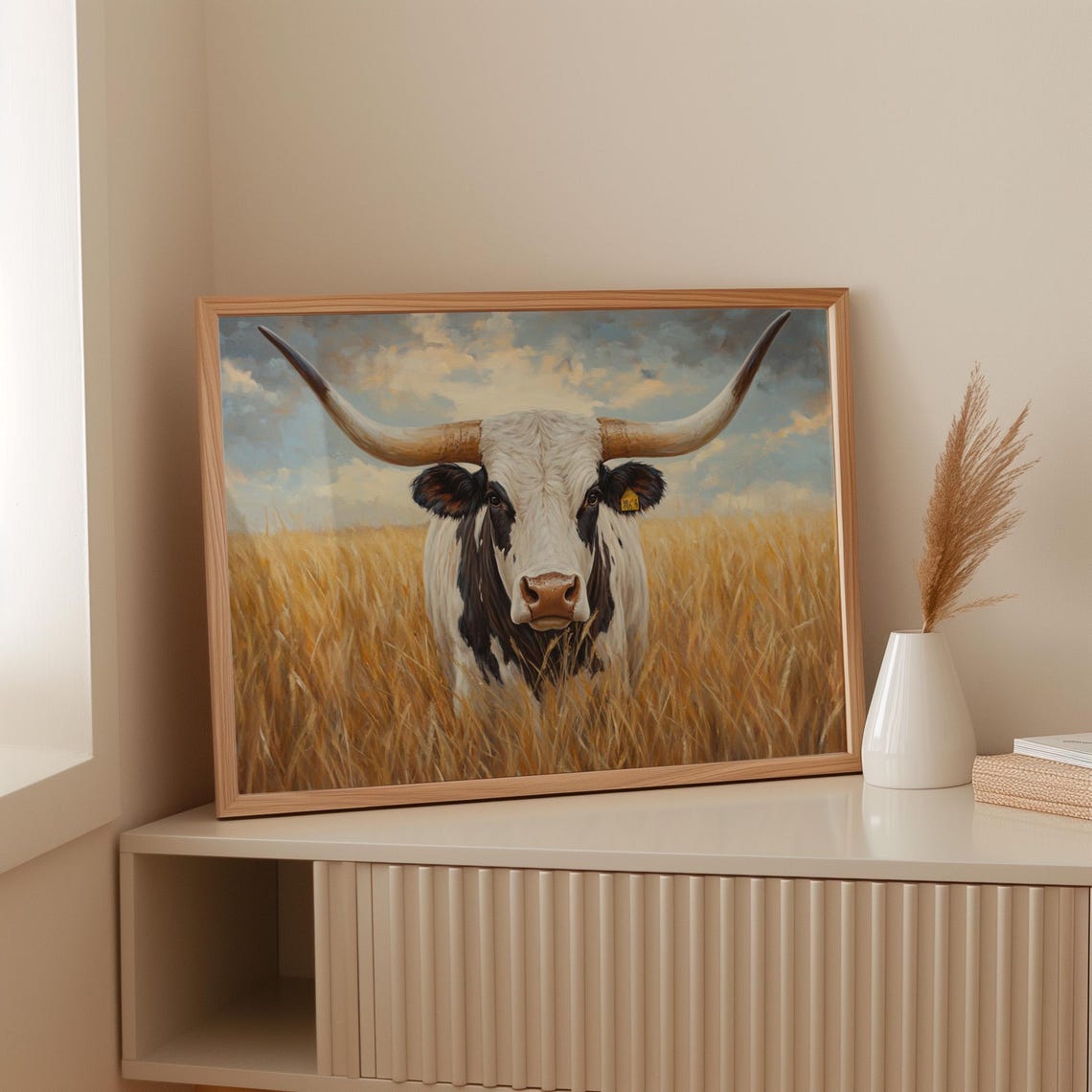 Black and White Longhorn Cow Golden Wheat Field Ranch Poster