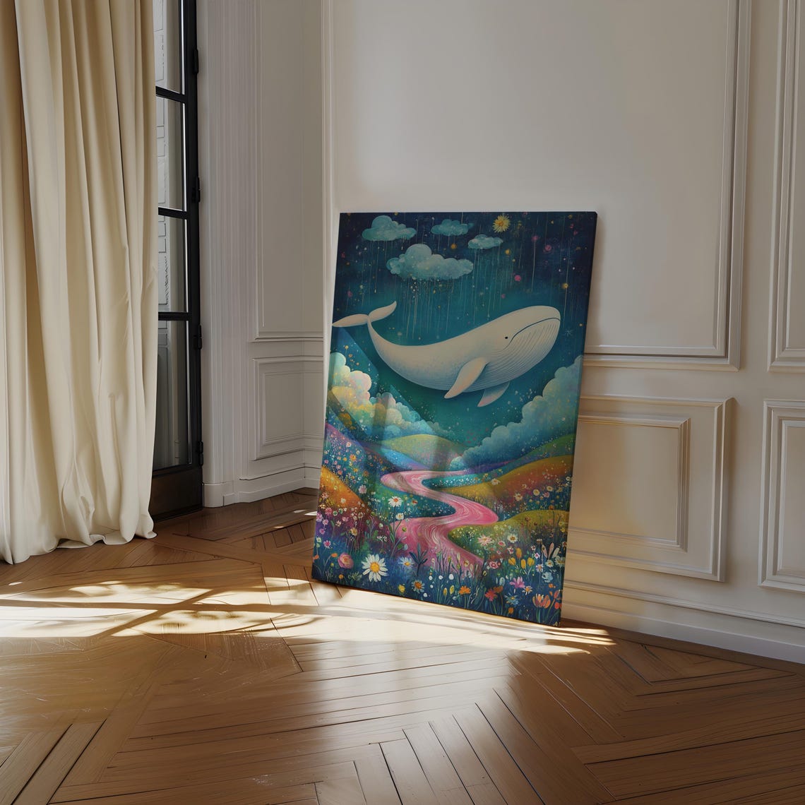 Dreamy White Whale Flying Over Pink River Flower Hills Poster - Image 7