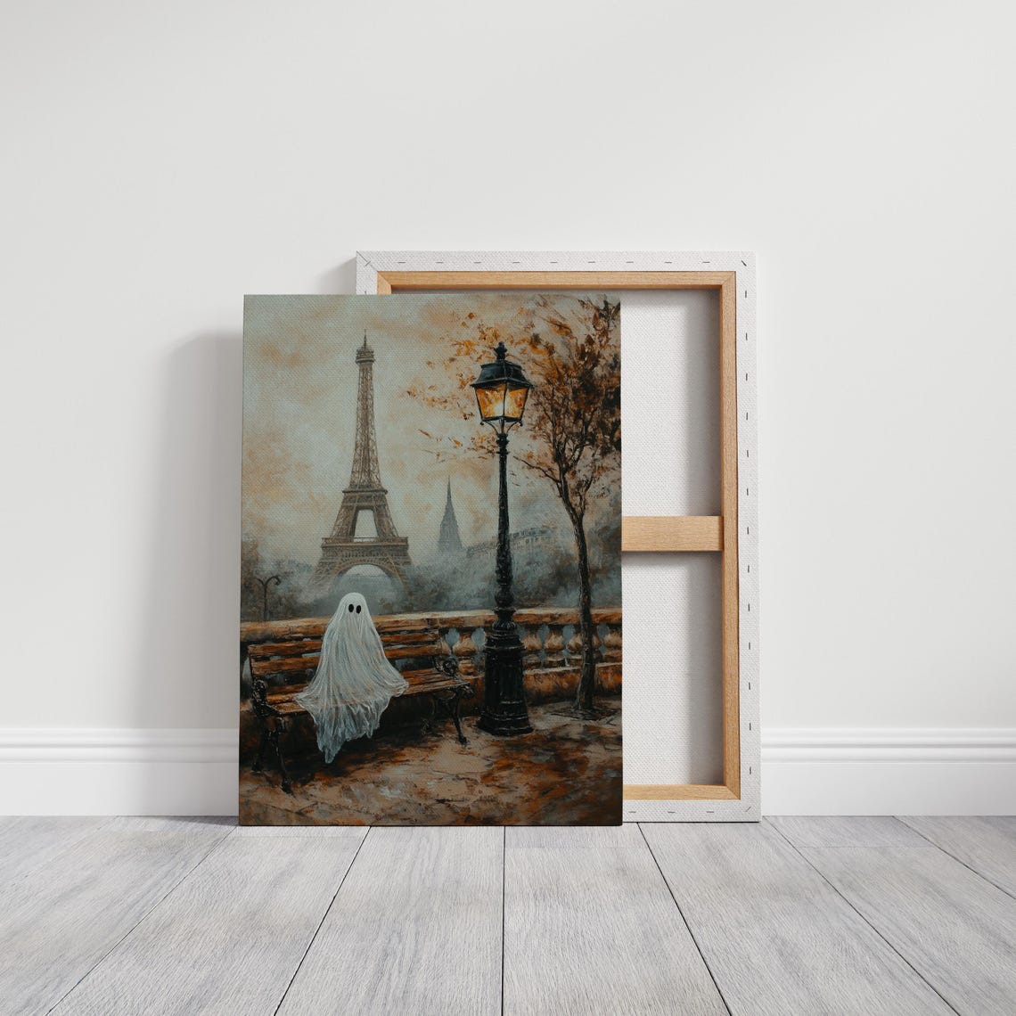 Paris Eiffel Tower Ghostly Autumn Bench Scene Vintage Halloween Poster - Image 2