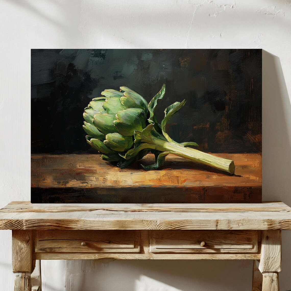 Green Artichoke Still Life Oil Painting on Dark Wood Table Poster - Image 5