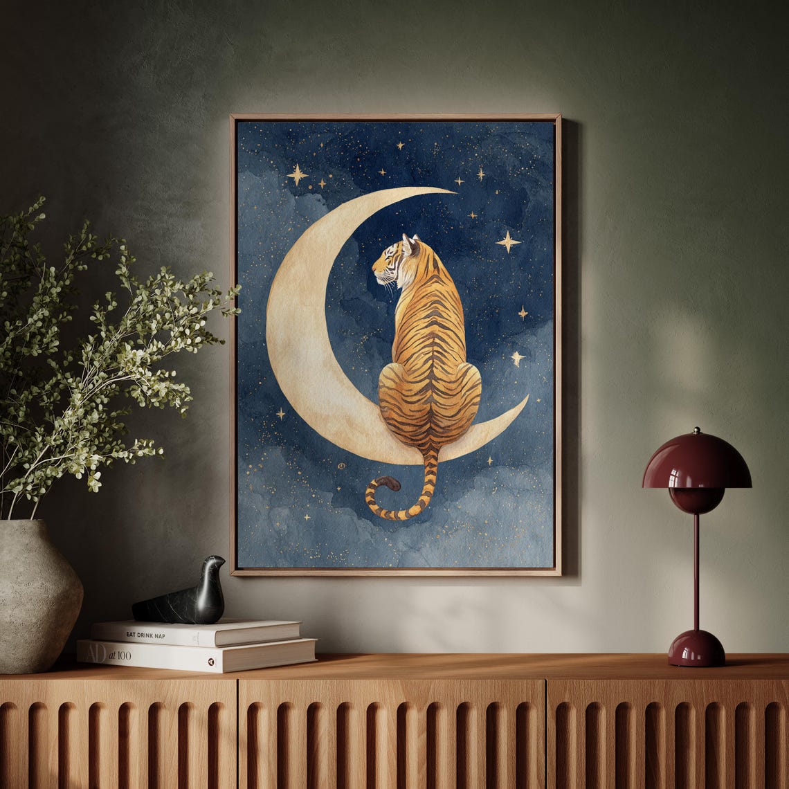 Tiger On Crescent Moon Night Sky Art