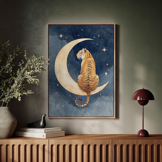 Tiger On Crescent Moon Night Sky Art