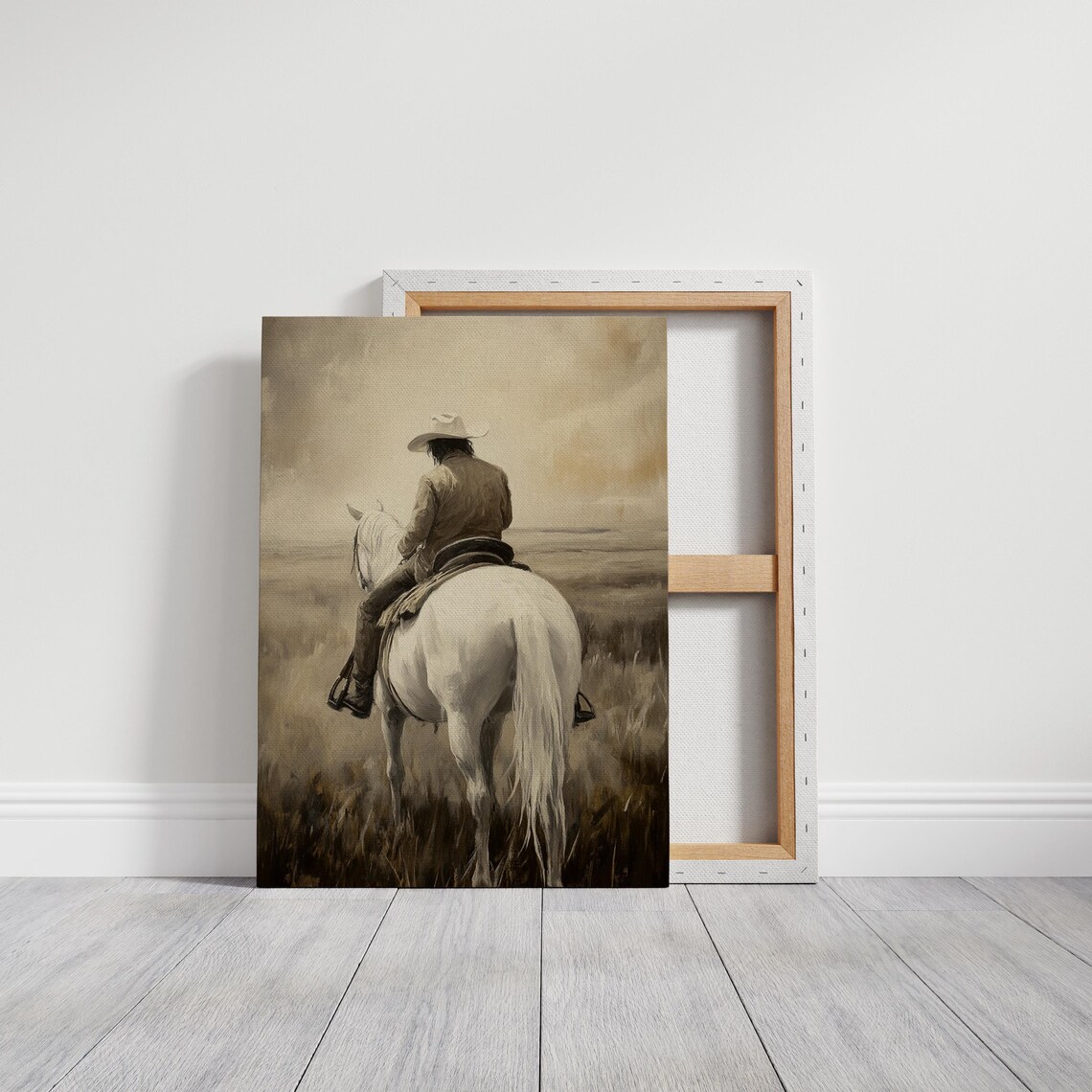 Cowboy Riding White Horse Sepia Tone Western Landscape Poster - Image 3