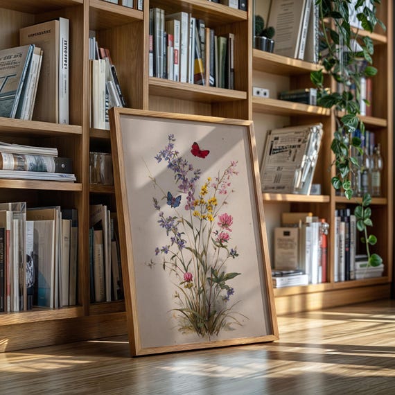 Vintage Botanical Flower Print Wildflowers With Butterflies Art