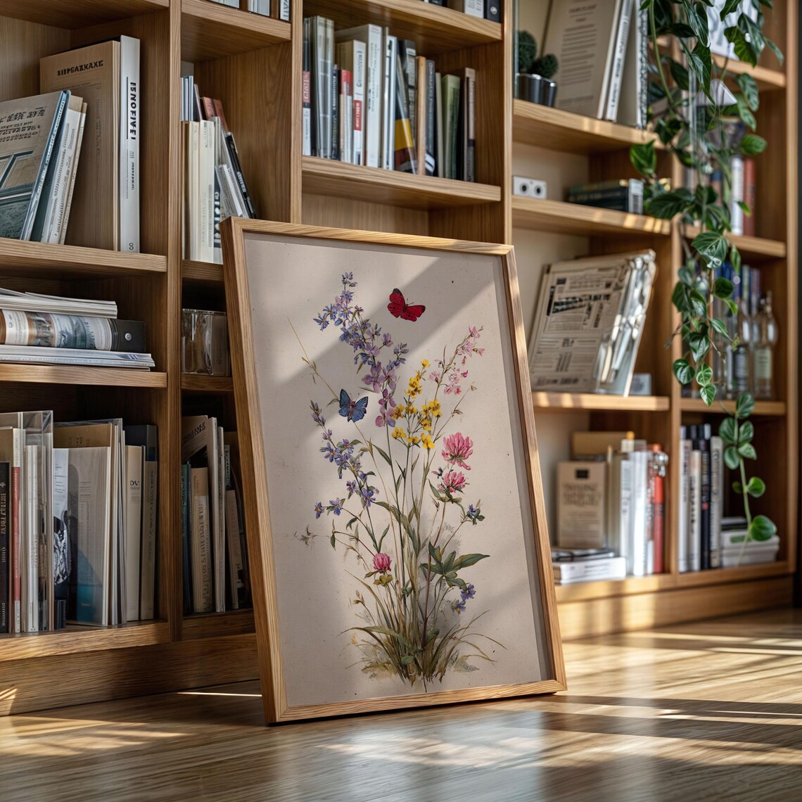 Vintage Botanical Flower Print Wildflowers With Butterflies Art