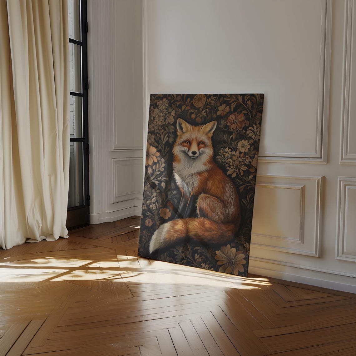 Red Fox Seated in Dark Botanical Floral Tapestry Wildlife Poster - Image 3