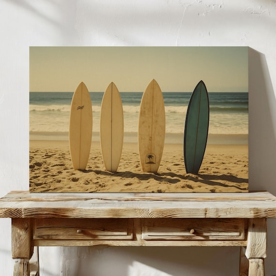 Four Vintage Surfboards On Sand Retro Beach Surf Scene Poster