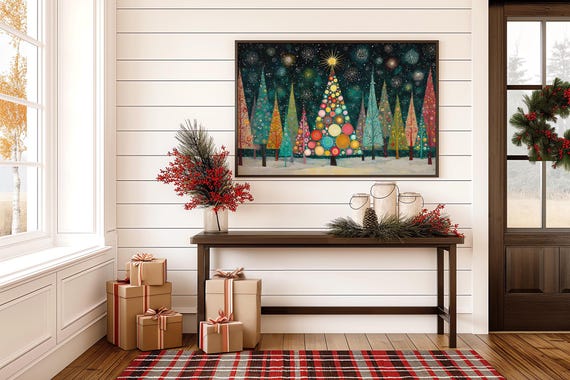 Colorful Christmas Tree Canvas Wall Art Modern Holiday Painting Festive Abstract Winter Dcor Vibrant Snowy Forest Artwork