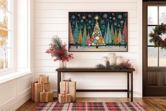 Colorful Whimsical Christmas Trees Under Starry Night Sky Poster