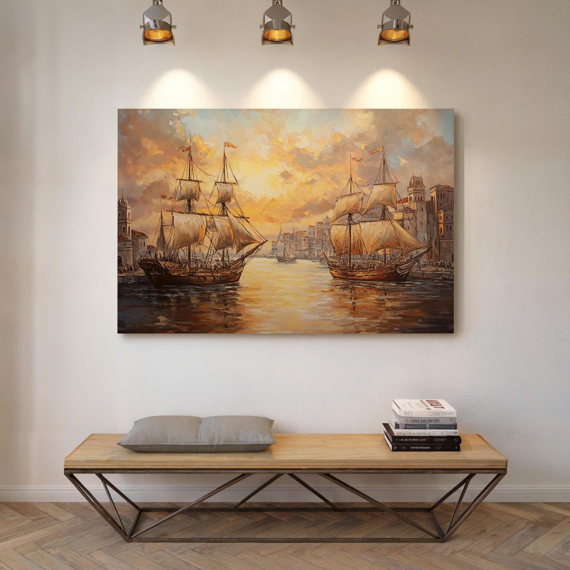 Tall Sailing Ships Harbor Sunset Vintage Nautical Oil Poster - Image 4