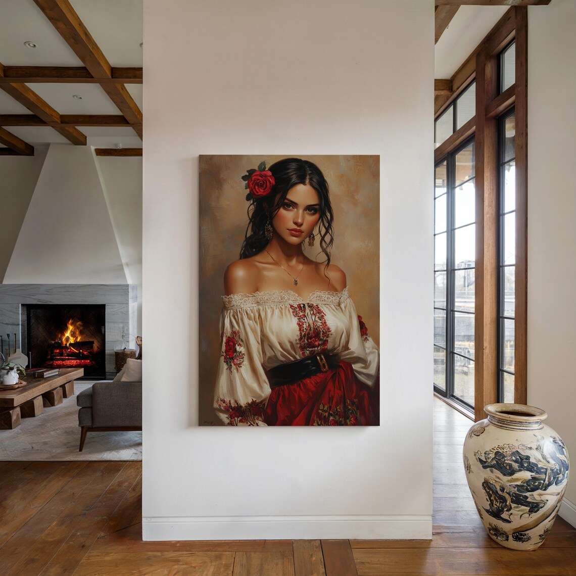 Captivating Spanish Beauty Portrait With Red Rose In Hair Poster - Image 2