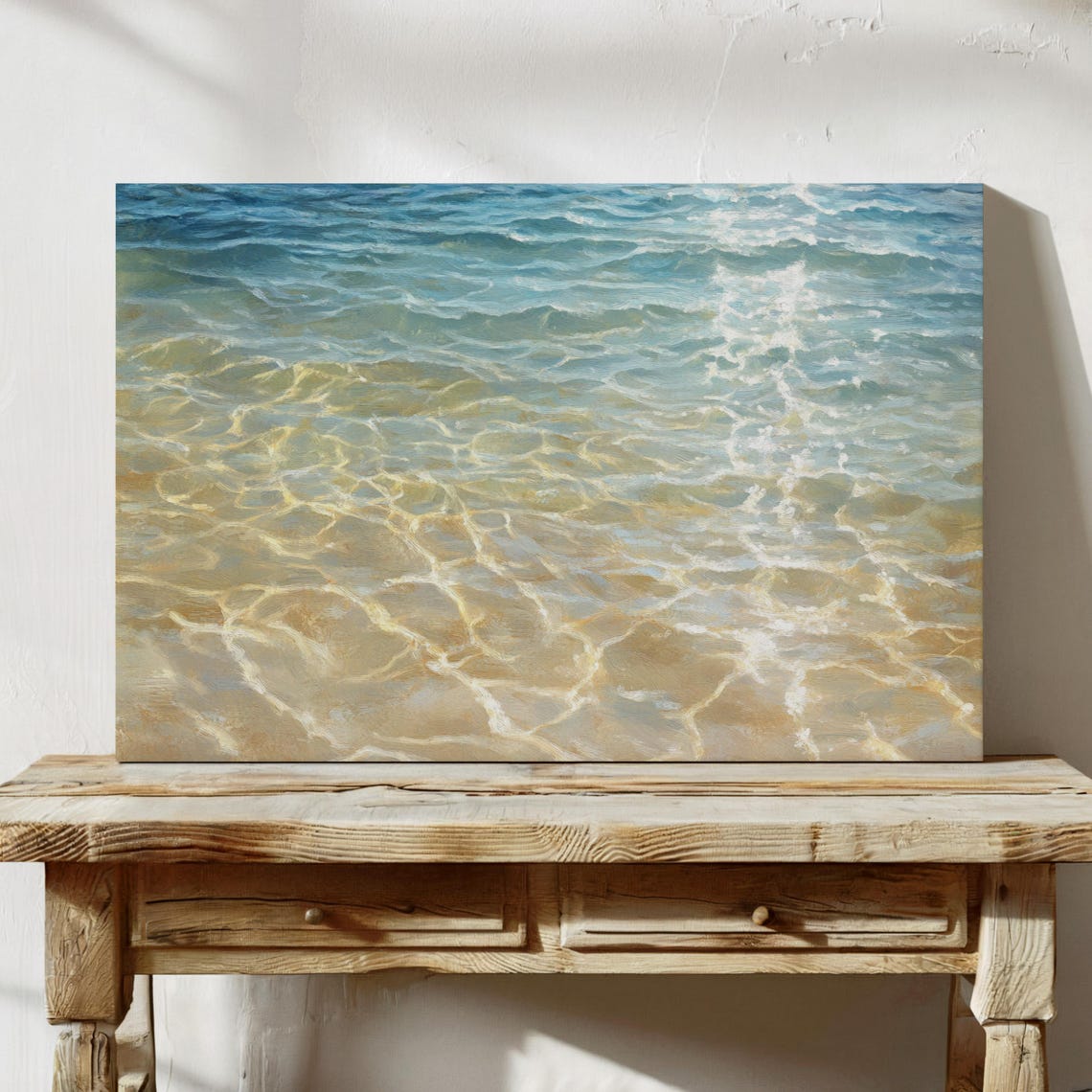 Ocean Water Sunlit Ripples Over Golden Sand Blue Beach Art Poster - Image 3