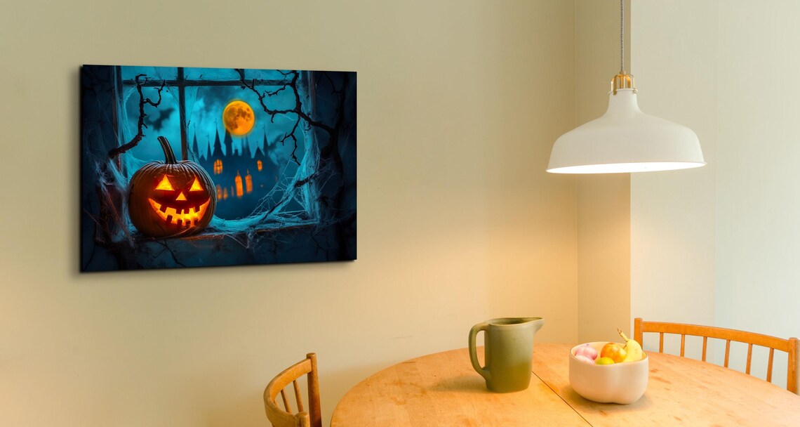 Jack O Lantern Glowing on Window Ledge Under a Teal Moonlit Night Poster - Image 5