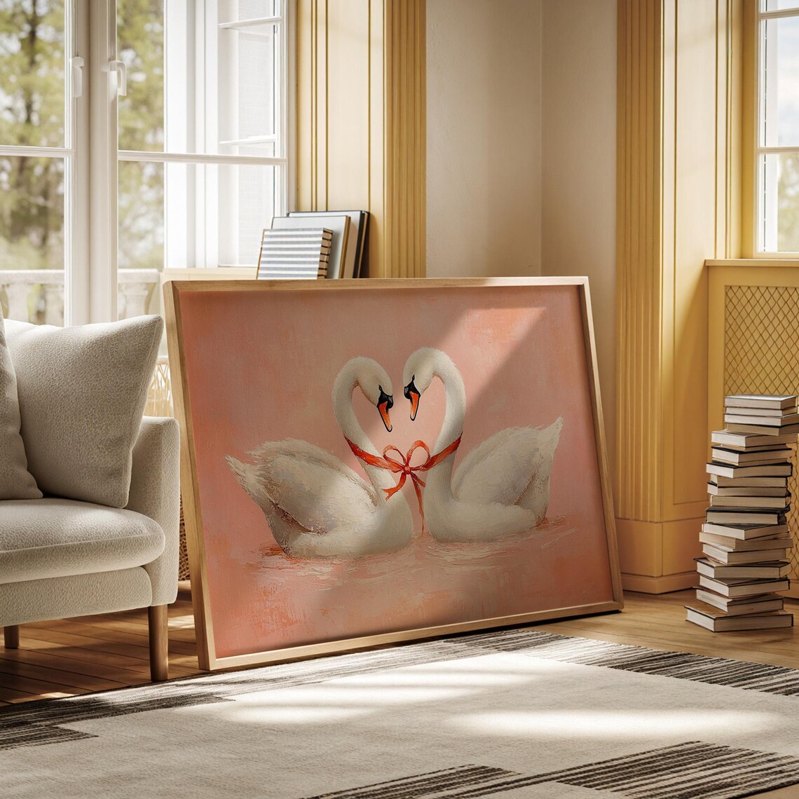Swan Pair Heart Shape Red Ribbon Romantic Love Bird Painting Poster - Image 3