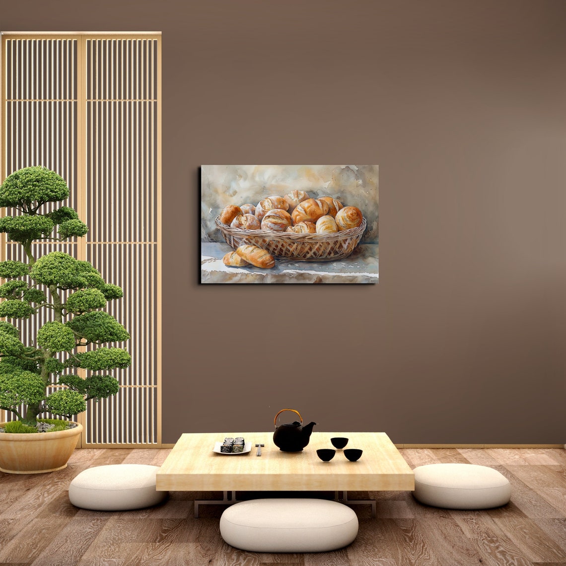 Watercolor Basket of Fresh Baked Bread Rolls Kitchen Wall Art - Image 6