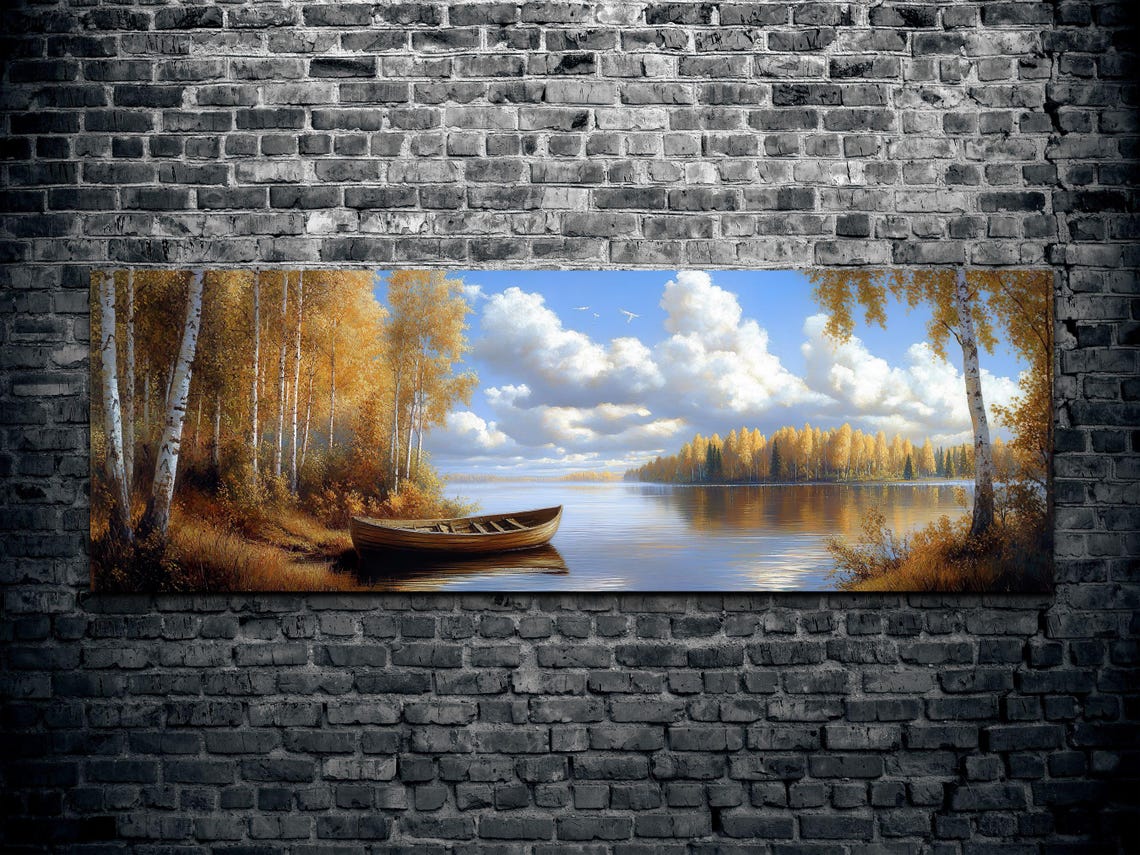 Wooden Rowboat on Autumn Birch Lake Calm Water Panoramic Poster - Image 2