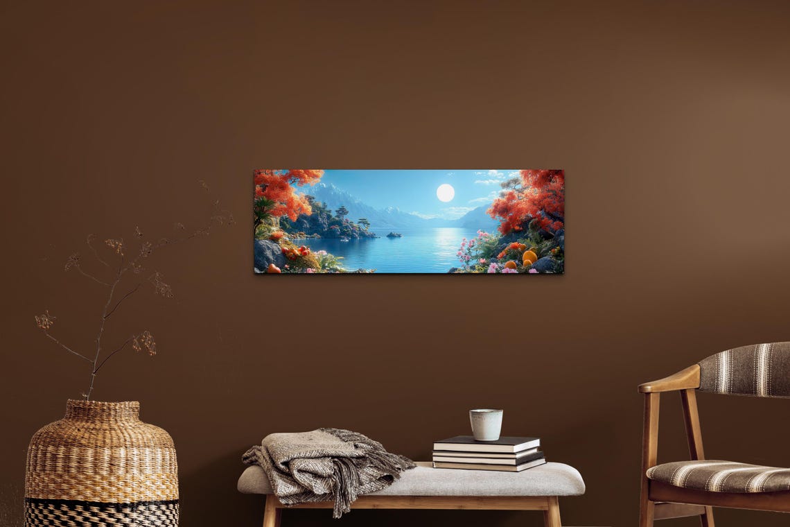 Autumn Lakeshore Orange Trees Mirror Lake Mountain Scene Poster - Image 5