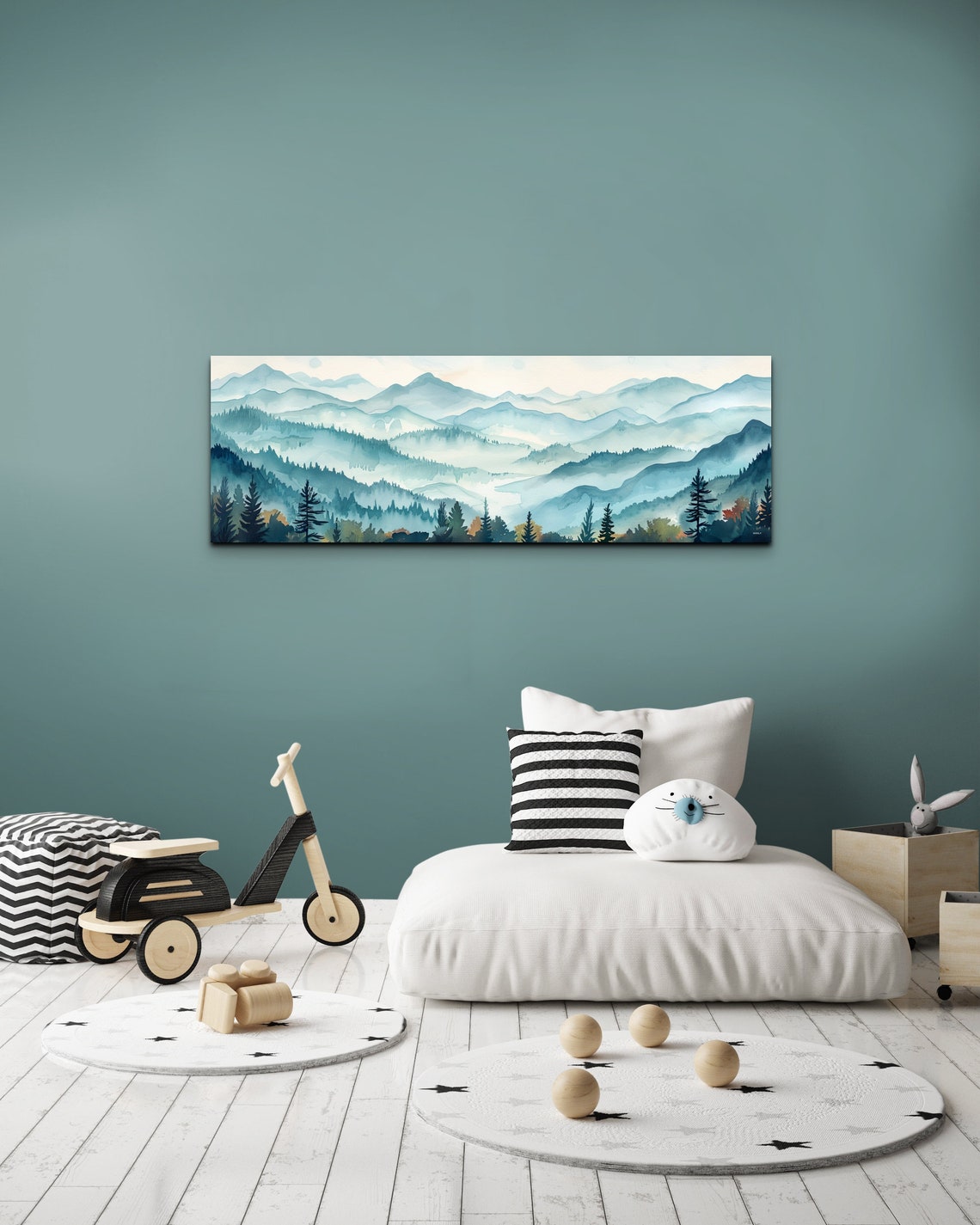Teal Watercolor Mountain Valley Panorama Serene Landscape Poster - Image 7