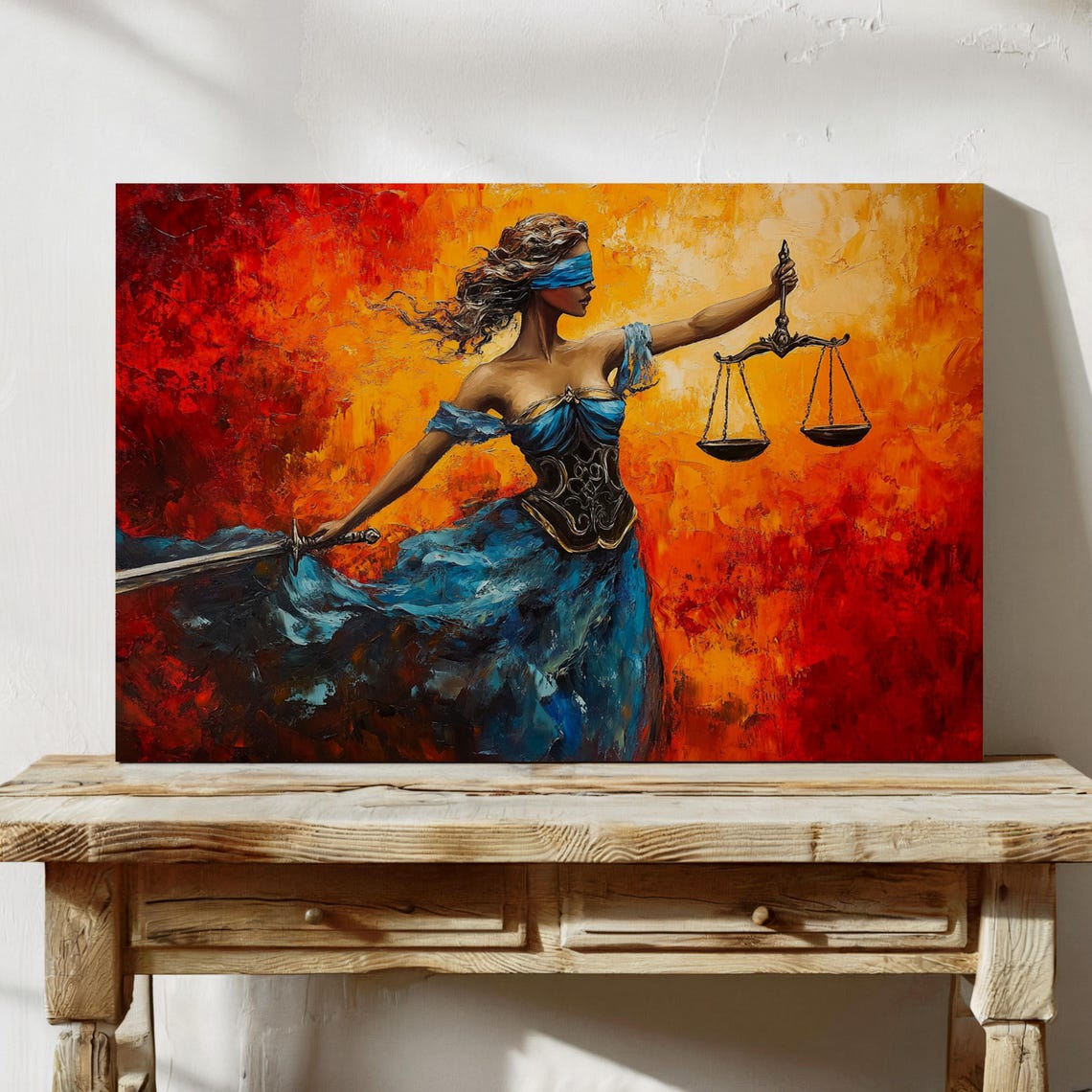 Lady Justice Scales Of Law Blue Gown Dramatic Red Artwork Poster - Image 4