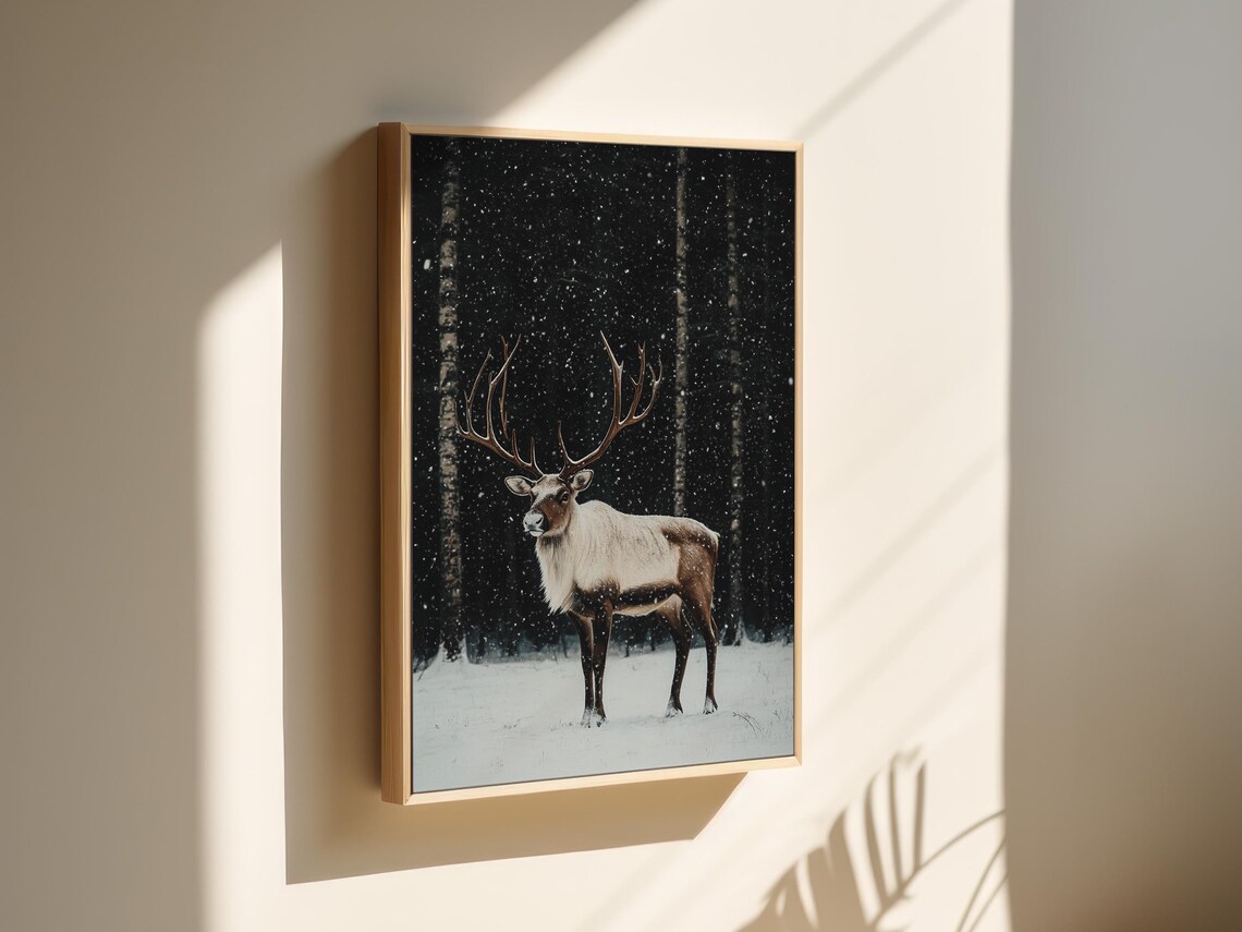 Reindeer Standing in Snowy Night Forest Winter Wildlife Poster - Image 4