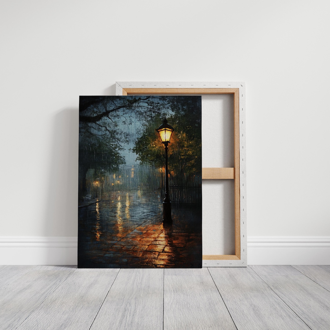 Rainy Night Street Scene Vintage Oil Painting, Cityscape - Image 7