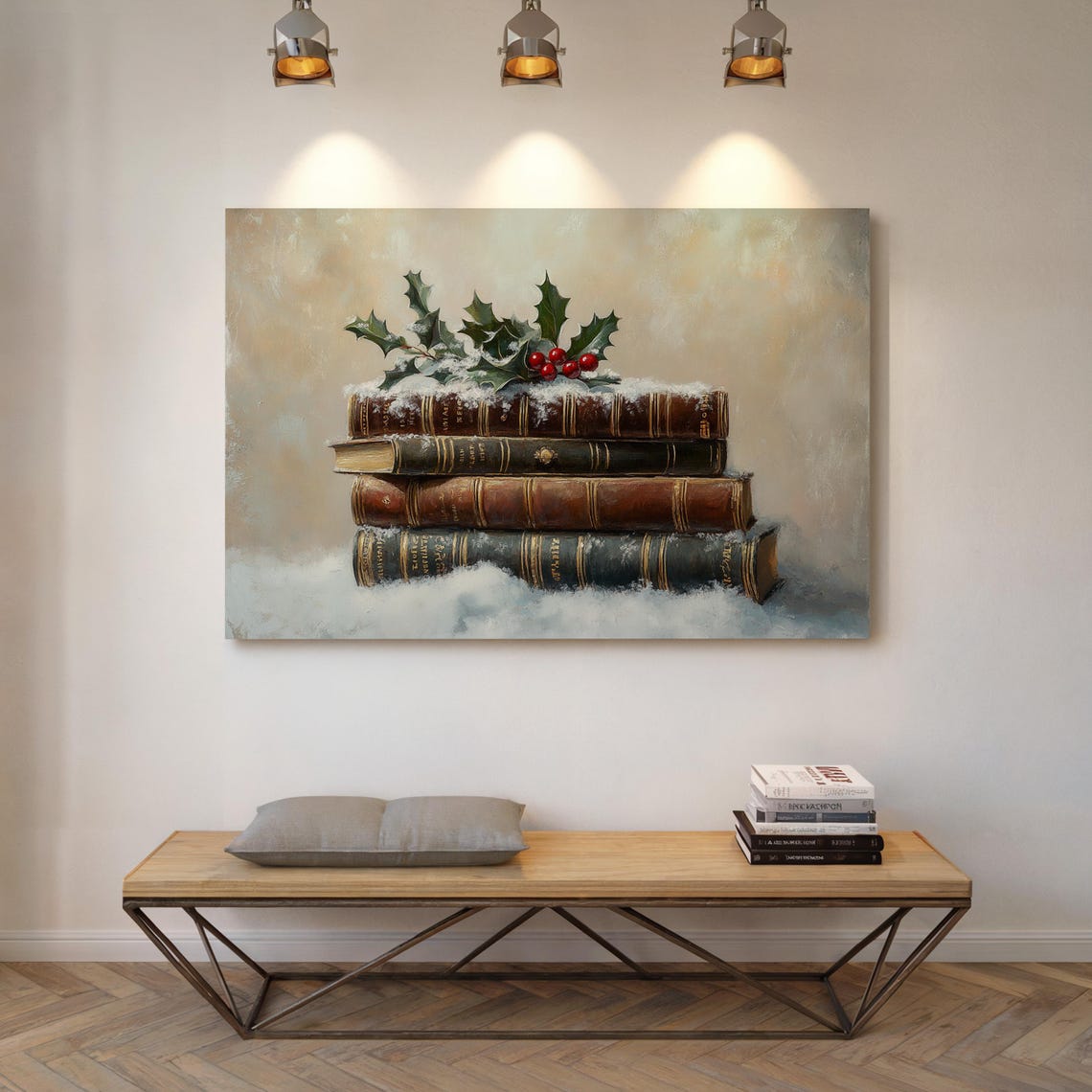 Stacked Antique Books Snow Holly Christmas Vintage Winter Art Poster - Image 5