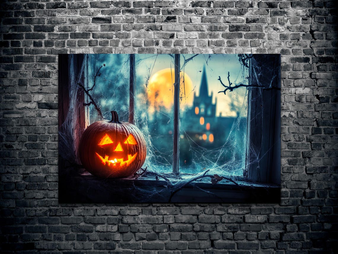 Glowing Jack O Lantern on Gothic Window Ledge Under Full Moon Poster - Image 2