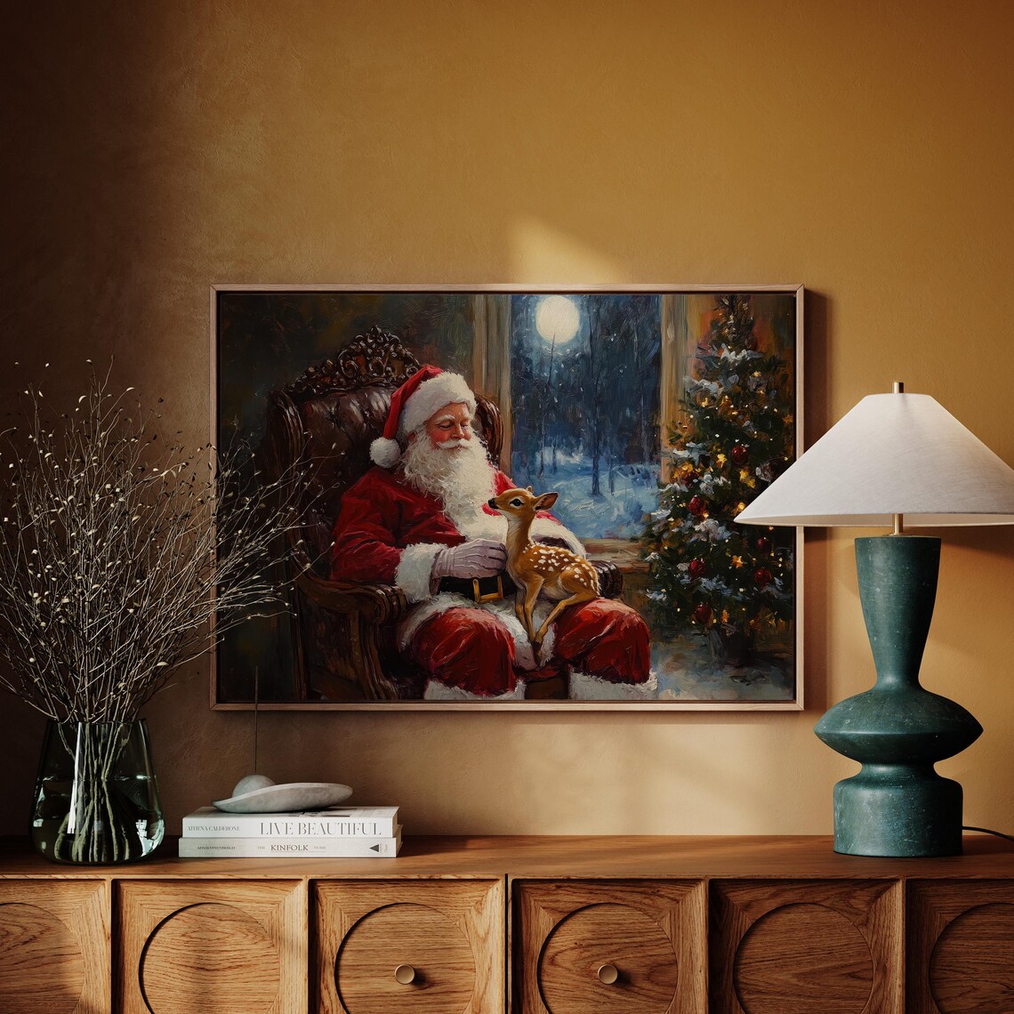 Santa Claus Holding A Baby Reindeer By A Moonlit Christmas Tree Poster - Image 3