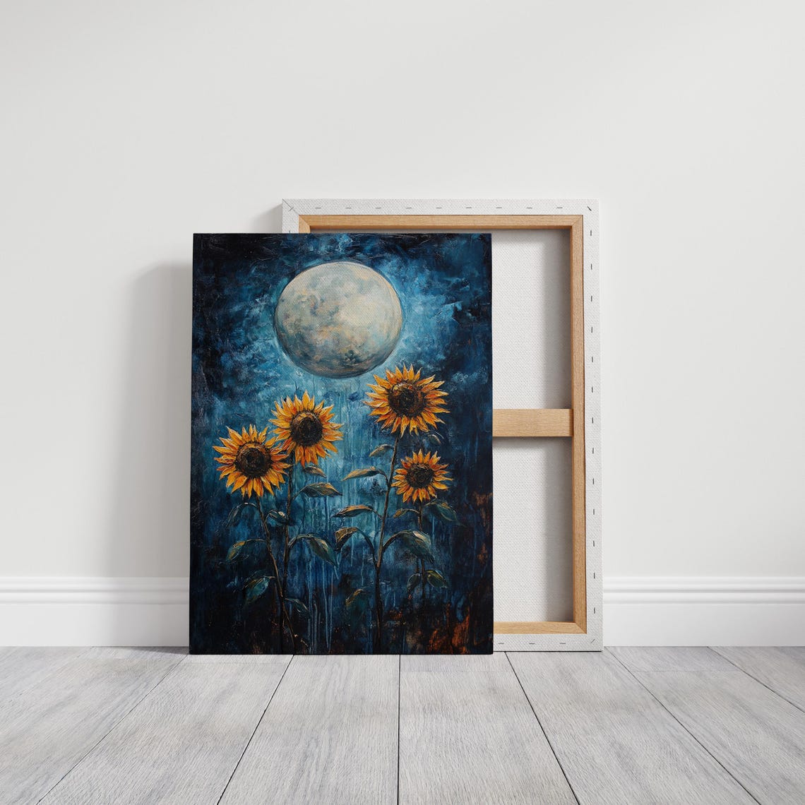 Golden Sunflowers Under a Large Moon in a Starry Night Sky Poster - Image 3