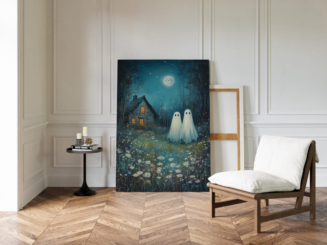 Cottagecore Ghosts Moonlit Wildflower Meadow Haunted House Print - Image 4