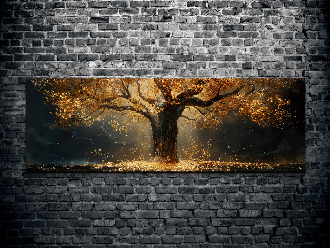 Golden Tree of Life on Black Shimmering Luxury Panoramic Poster - Image 2