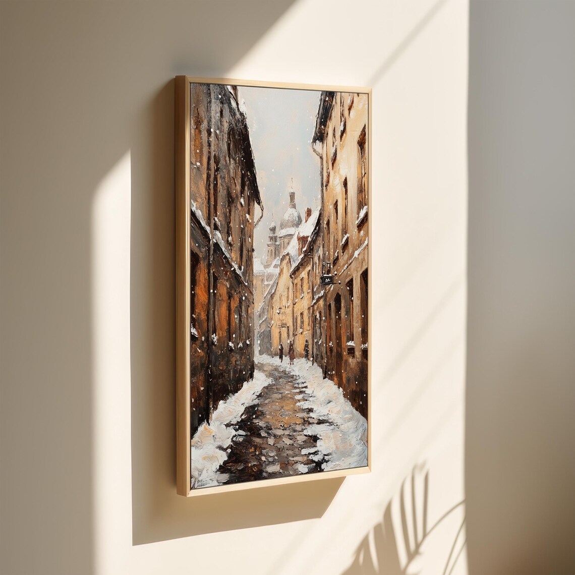 Snowy European Old Town Street in Winter Oil Painting Poster